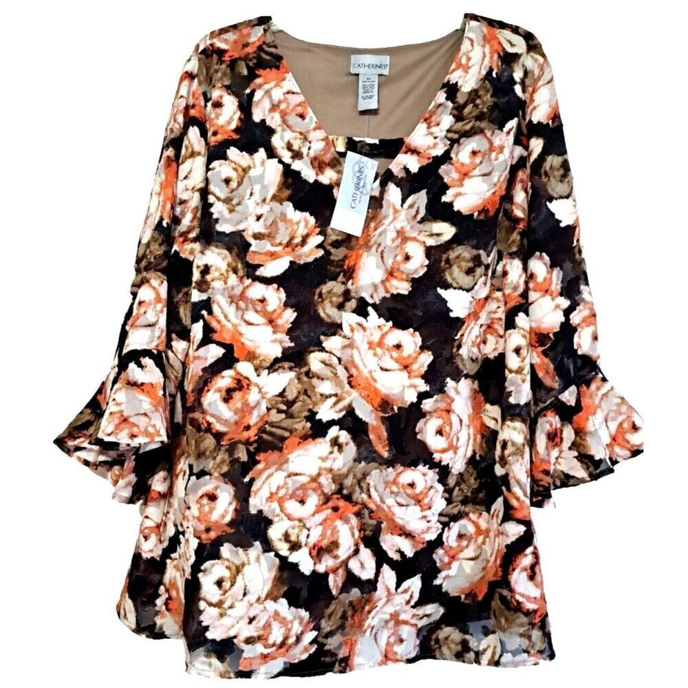 Catherines 2X (22/24W) Multicolor Floral 3/4 Trumpet Sleeve V-Neck Tunic